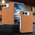 Classic tan leather-style protective cover for iPhone DUO displaying open display screen and folded back cover.