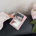 Close-up detail of the pink polka dot Samsung Galaxy Z Fold 8 case showing double HD vanity mirrors inside the open flap.