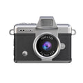 Close-up of Black mini digital camera displaying