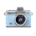 Close-up of Blue mini digital camera displaying