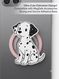 Close-up of Dalmatian dog phone grip mounted on a dark grey MagSafe phone back.