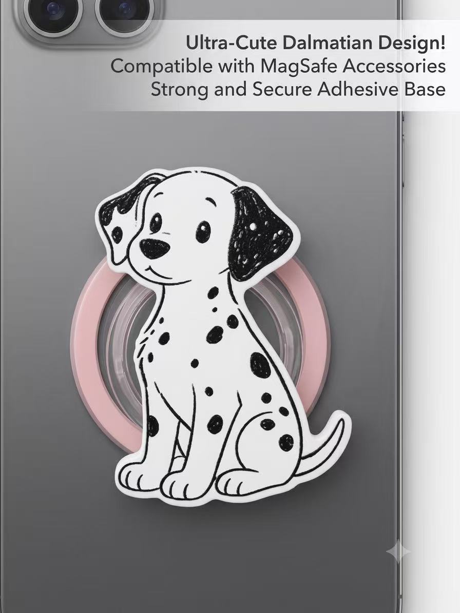Close-up of Dalmatian dog phone grip mounted on a dark grey MagSafe phone back.
