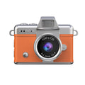 Close-up of Orange mini digital camera displaying