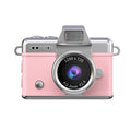 Close-up of Pink mini digital camera displaying