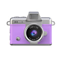 Close-up of Purple mini digital camera displaying