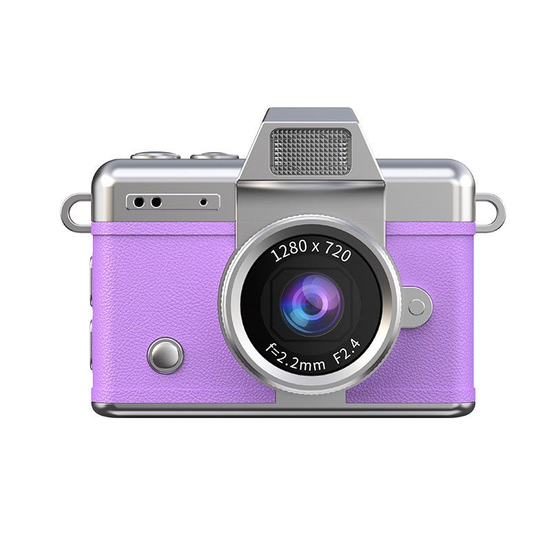 Close-up of Purple mini digital camera displaying