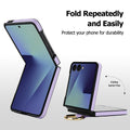 Close-up of Purple quilted leather Galaxy Z Flip 8 case demonstrating barrier-free folding and built-in gold ring kickstand.