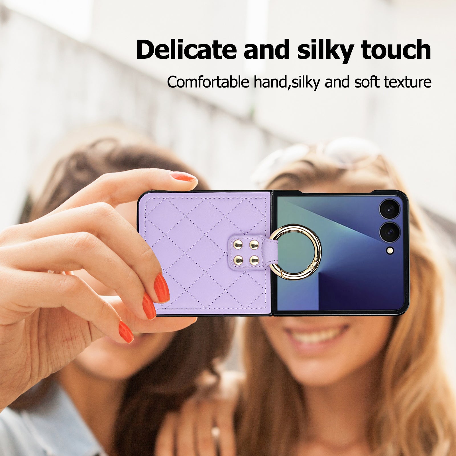 Close-up of Samsung Galaxy Z Flip 8 quilted leather case in Purple with gold ring kickstand demonstrating single-hand grip and 180° folding design.