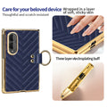 Close-up of soft chevron quilted leather texture and three-layer electroplated gold trim on Samsung Galaxy Z Fold 8 case