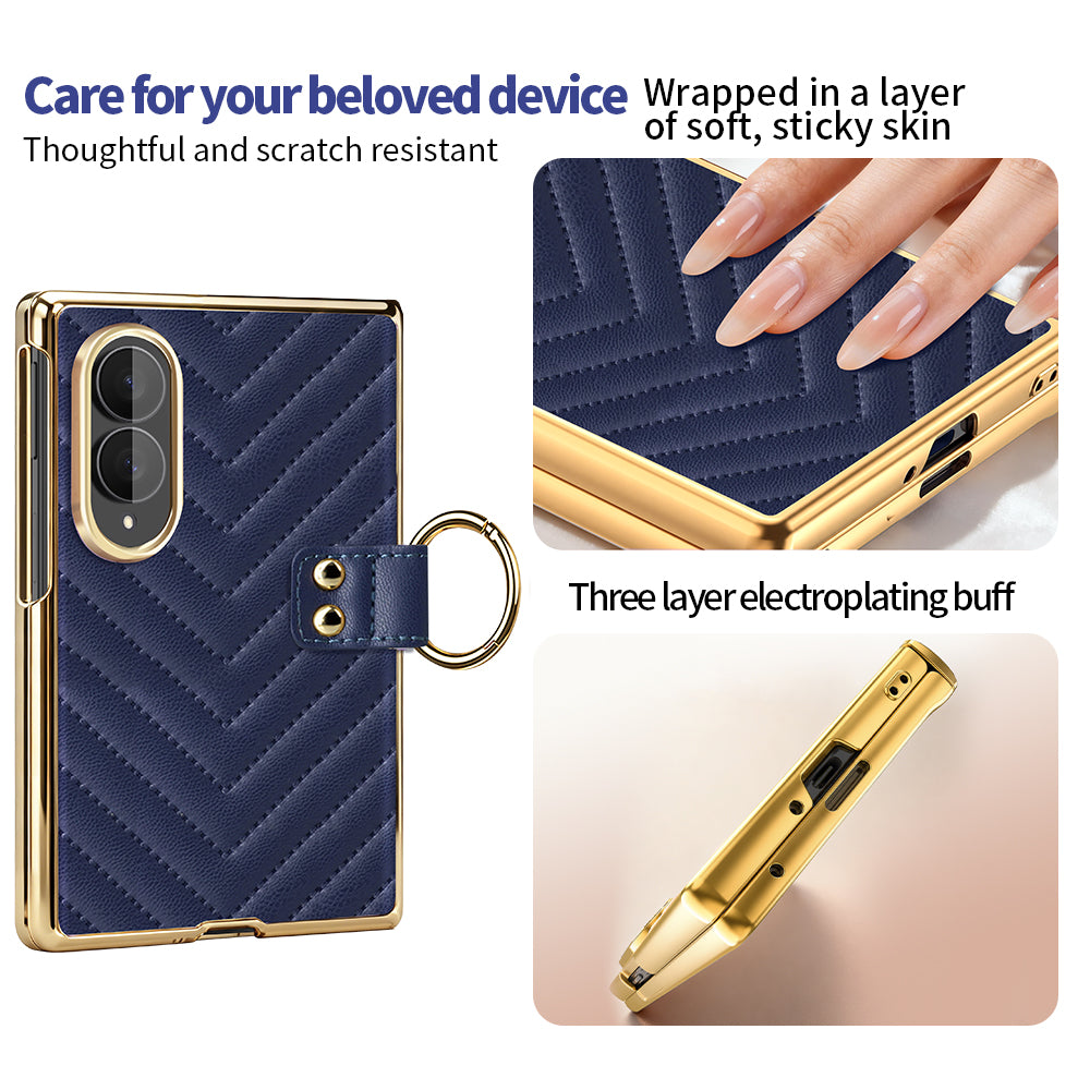 Close-up of soft chevron quilted leather texture and three-layer electroplated gold trim on Samsung Galaxy Z Fold 8 case