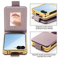 Close-up of the built-in makeup mirror and dual-way magnetic buckle closure on Samsung Galaxy Z Flip leather case