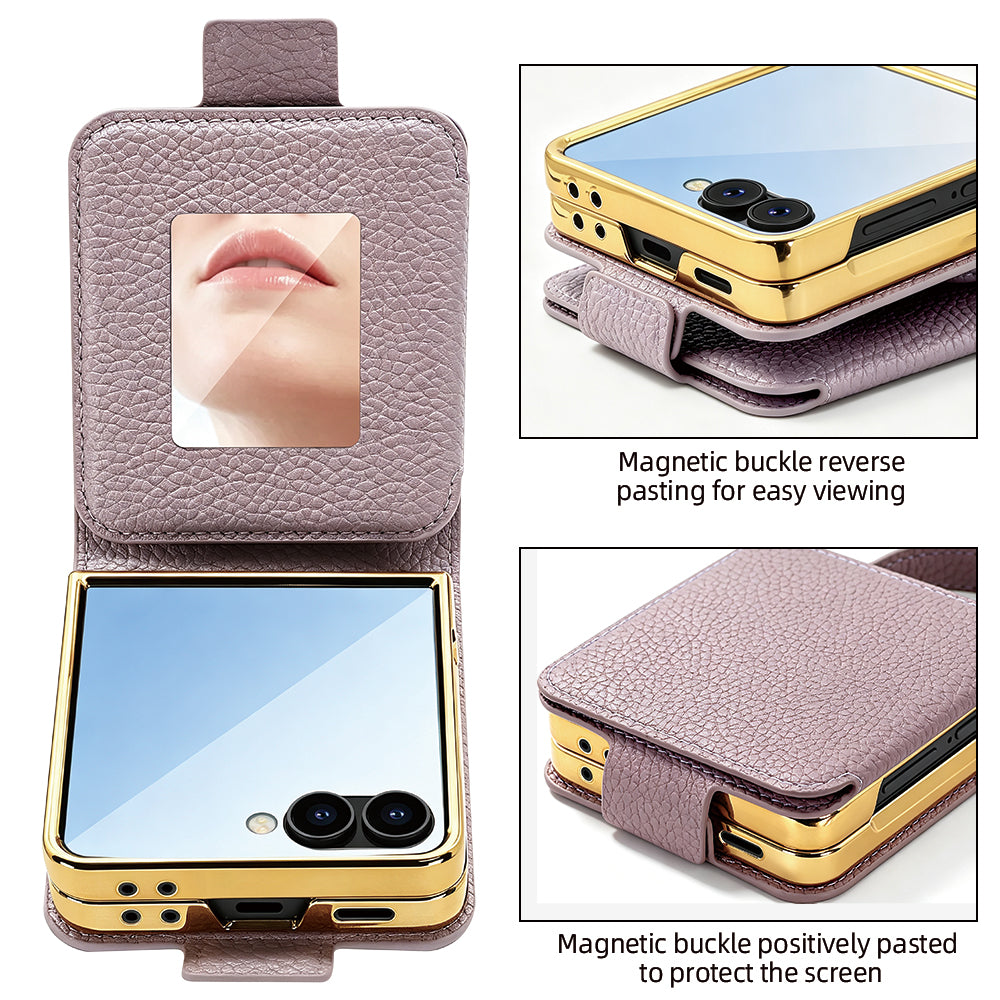 Close-up of the built-in makeup mirror and dual-way magnetic buckle closure on Samsung Galaxy Z Flip leather case