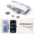 Close-up of the exterior zipper pouch storing coins and cash on the leather iPhone case.