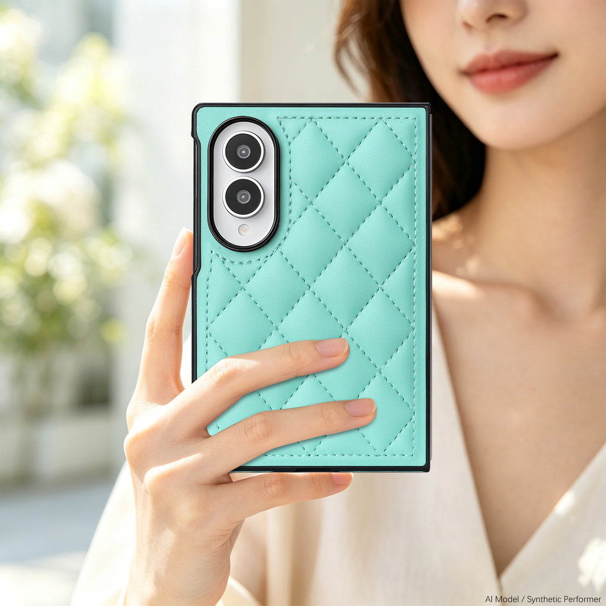 Close-up view of woman holding a mint green quilted diamond leather case on a Galaxy Z Fold 8