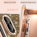 Close-up detail of 1mm raised metal lens frame camera guard and integrated spring buffer dustproof hinge cover.