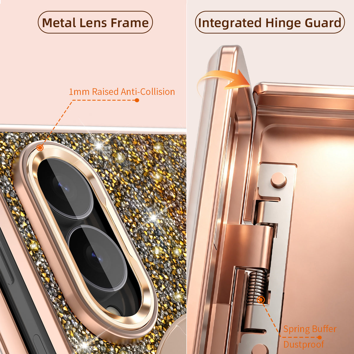 Close-up detail of 1mm raised metal lens frame camera guard and integrated spring buffer dustproof hinge cover.