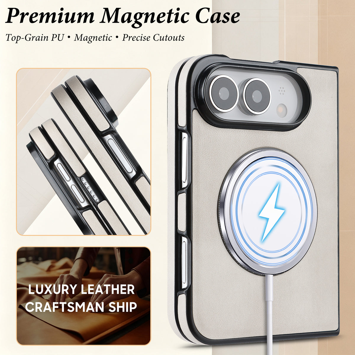 Close-up diagram of top-grain PU leather craftsmanship on the iPhone DUO case highlighting precise side cutouts and magnetic wireless charger pass-through. 