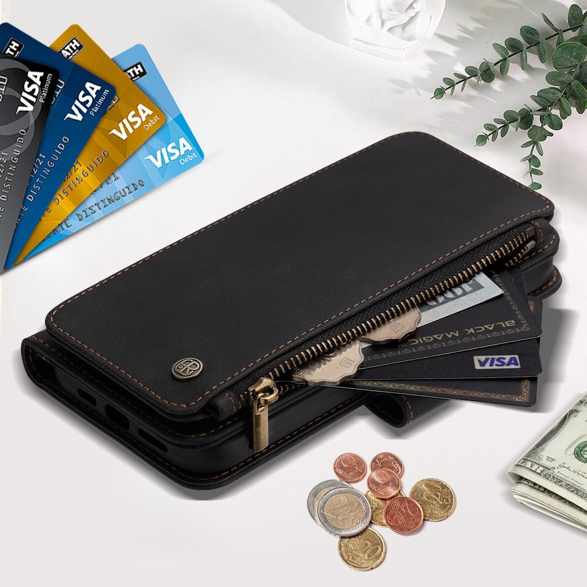 Close-up of black leather zipper wallet case holding credit cards, coins, and folded cash bill