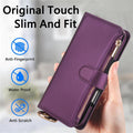 Close-up of dark purple slim fit leather phone case showing water-proof and anti-scratch features