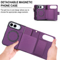 Close-up of hands detaching the purple magnetic slim phone case from the multi-card leather wallet purse for iPhone DUO.