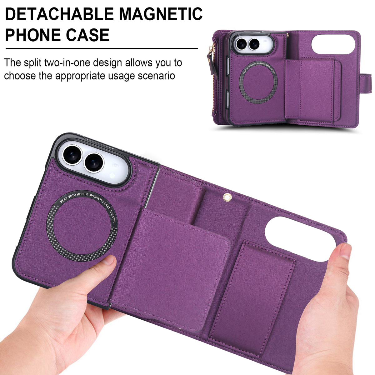 Close-up of hands detaching the purple magnetic slim phone case from the multi-card leather wallet purse for iPhone DUO.