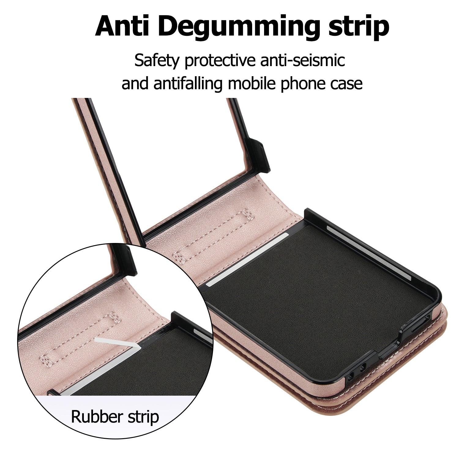 Close-up of internal non-slip rubber strip and frame padding on rose gold Samsung Galaxy Z Flip protective case.⁠