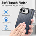 Close-up of navy blue crocodile leather iPhone DUO case showcasing anti-fingerprint, anti-sweat, and scratch-resistant soft-touch finish.