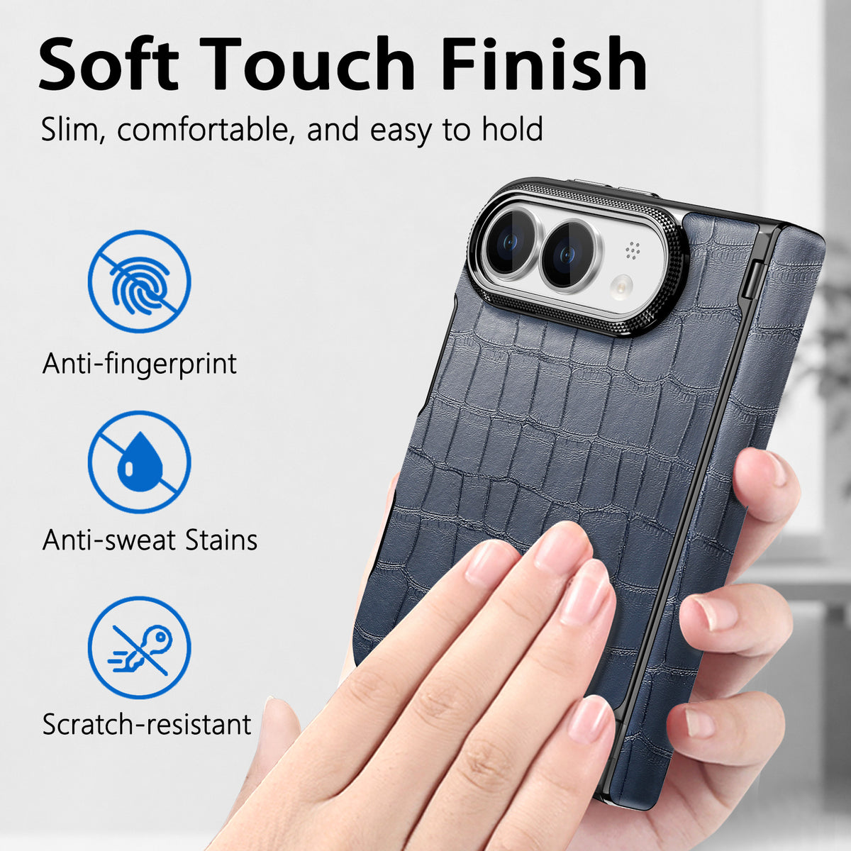 Close-up of navy blue crocodile leather iPhone DUO case showcasing anti-fingerprint, anti-sweat, and scratch-resistant soft-touch finish.