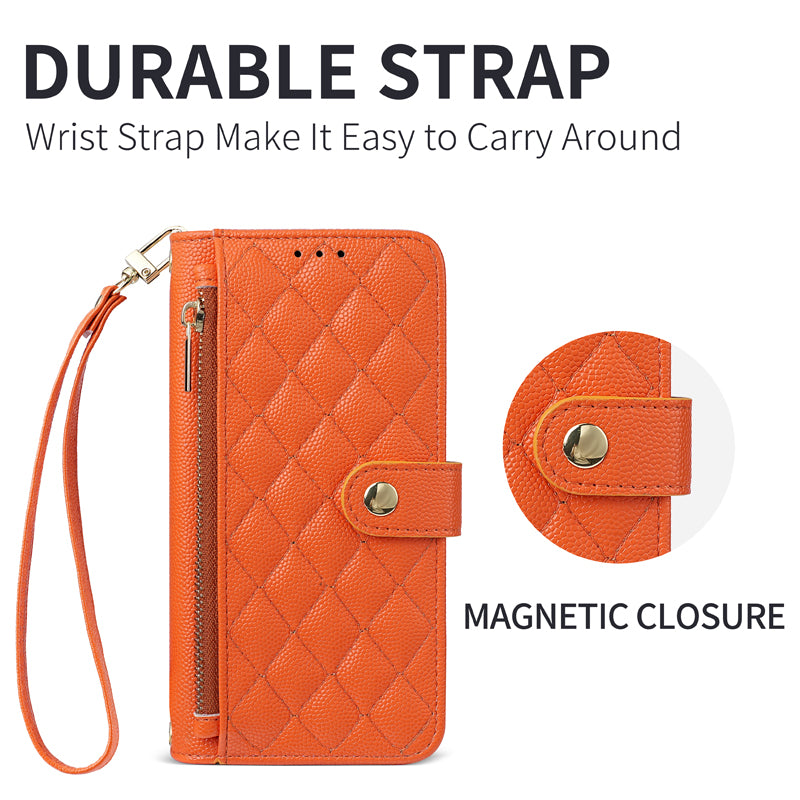 Close-up of orange leather phone case highlighting the durable wrist strap attachment and gold magnetic snap closure.