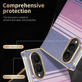 Close-up of purple checkered Samsung Galaxy Z Fold 8 phone case showing 1.5mm raised electroplated camera lens shield