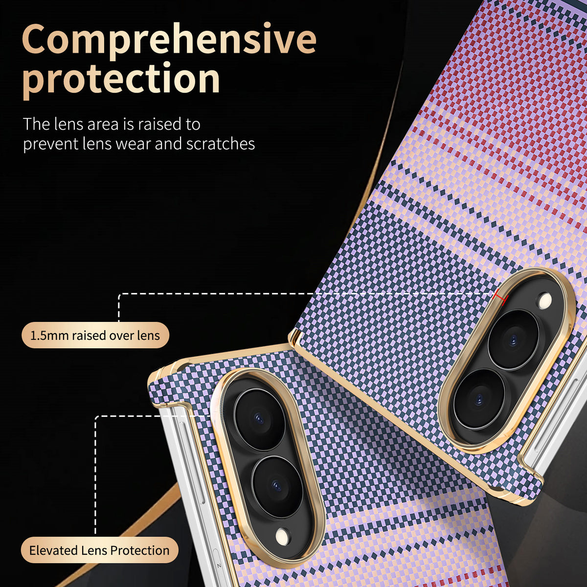 Close-up of purple checkered Samsung Galaxy Z Fold 8 phone case showing 1.5mm raised electroplated camera lens shield