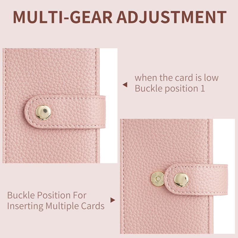 Close-up of the multi-gear dual-snap magnetic buckle adjusting for single or multiple card storage capacity.