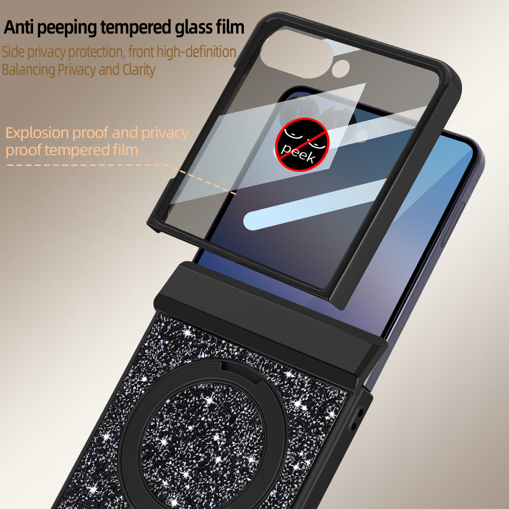 Close-up schematic of anti-peeping tempered glass screen protector on Samsung Galaxy Z Flip case blocking side angle visibility.