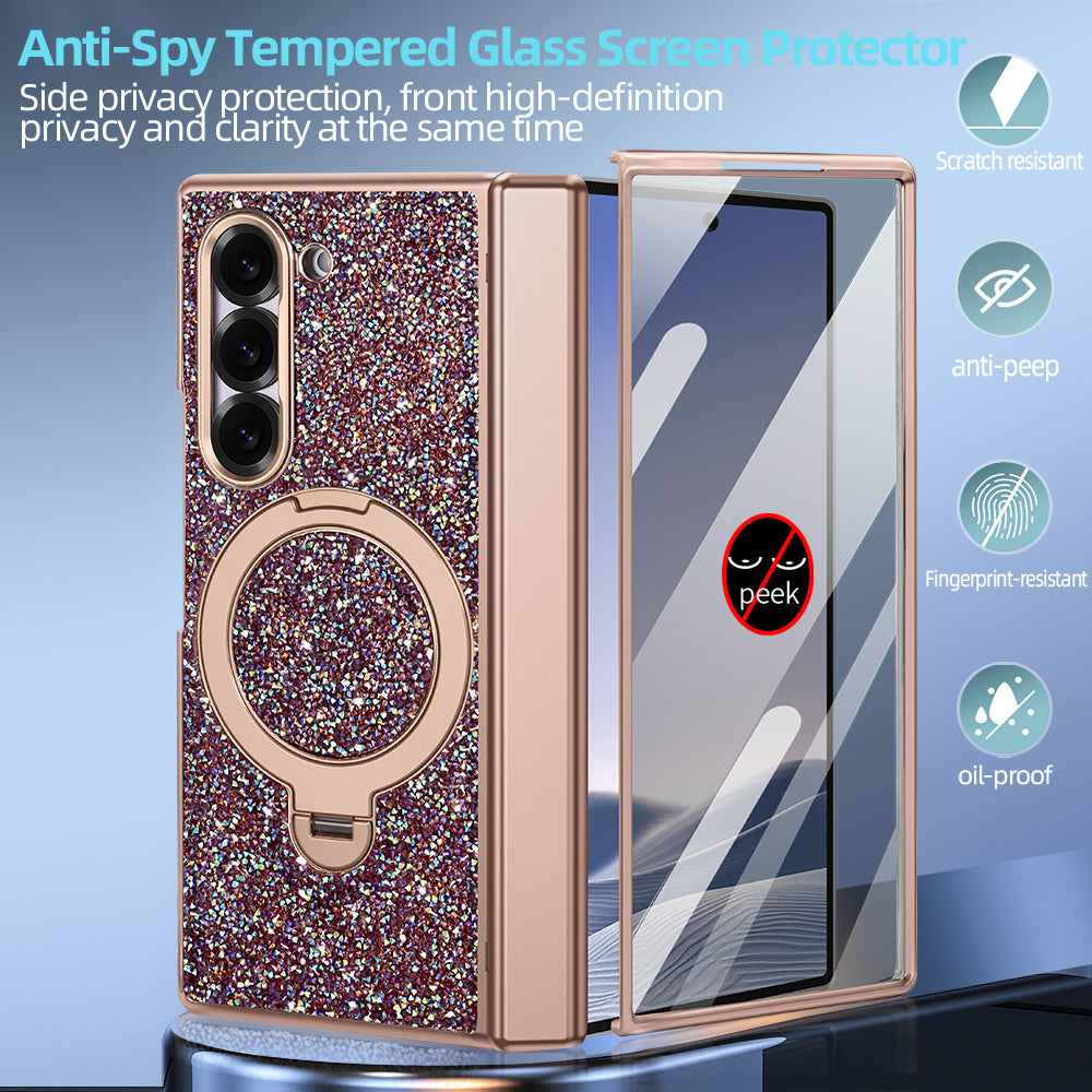 Color lineup of Samsung Galaxy Z Fold glitter cases shown in Black, Blue, Rose Gold, Champagne, and Gold finishes.
