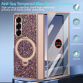 Close-up view of anti-spy tempered glass outer screen protector on rose gold Samsung Galaxy Z Fold glitter case blocking side angle visibility.