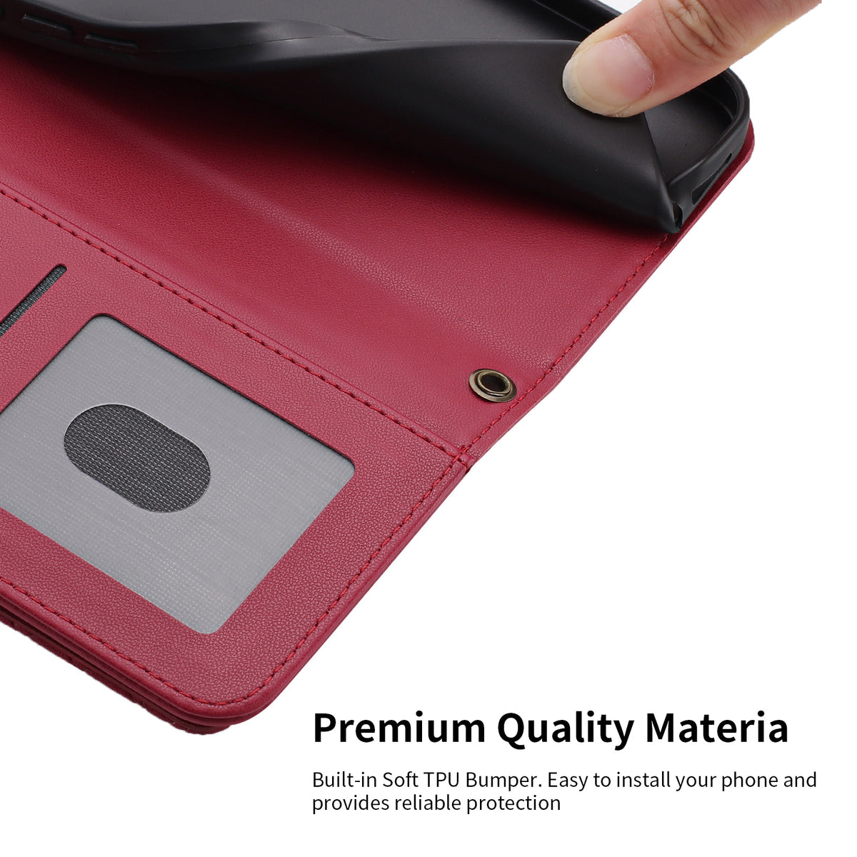 Close-up view of crimson red woven leather wallet phone case interior demonstrating flexible built-in soft TPU inner bumper and photo ID slot.