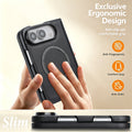 Close-up view of hands holding the slim black iPhone DUO case showcasing its ergonomic anti-slip grip, anti-fingerprint surface, and anti-stain texture.