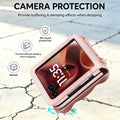 Close-up view of the rose gold leather Motorola RAZR case on a marble surface highlighting raised camera lens bezels and shock-absorbing drop protection.