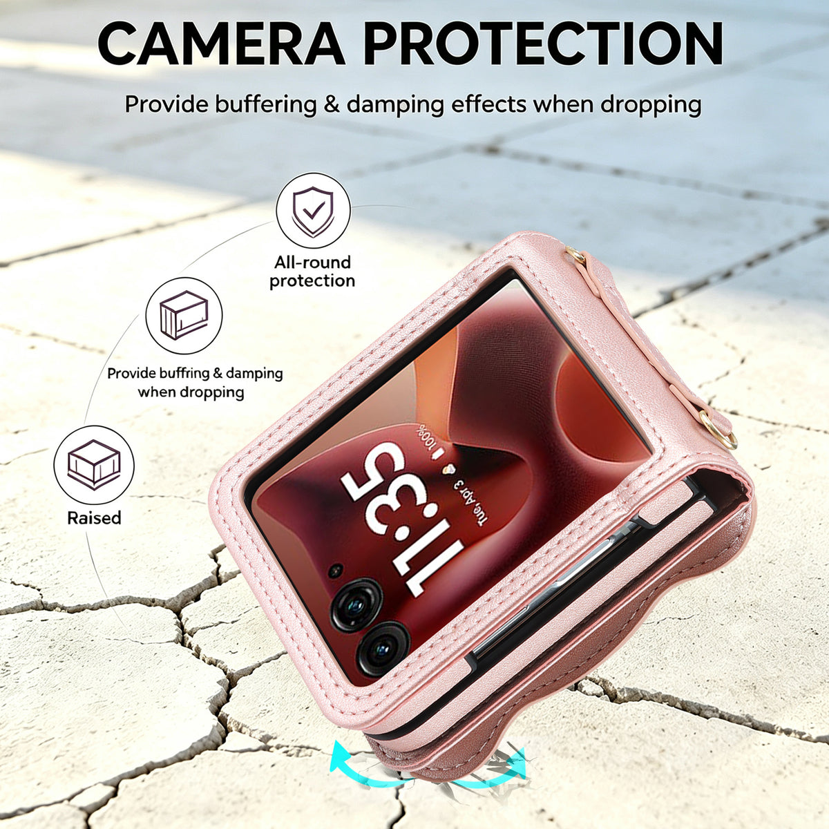 Close-up view of the rose gold leather Motorola RAZR case on a marble surface highlighting raised camera lens bezels and shock-absorbing drop protection.