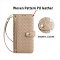 Close-up view of woven pattern PU leather texture on beige iPhone wallet case with snap magnetic closure tab