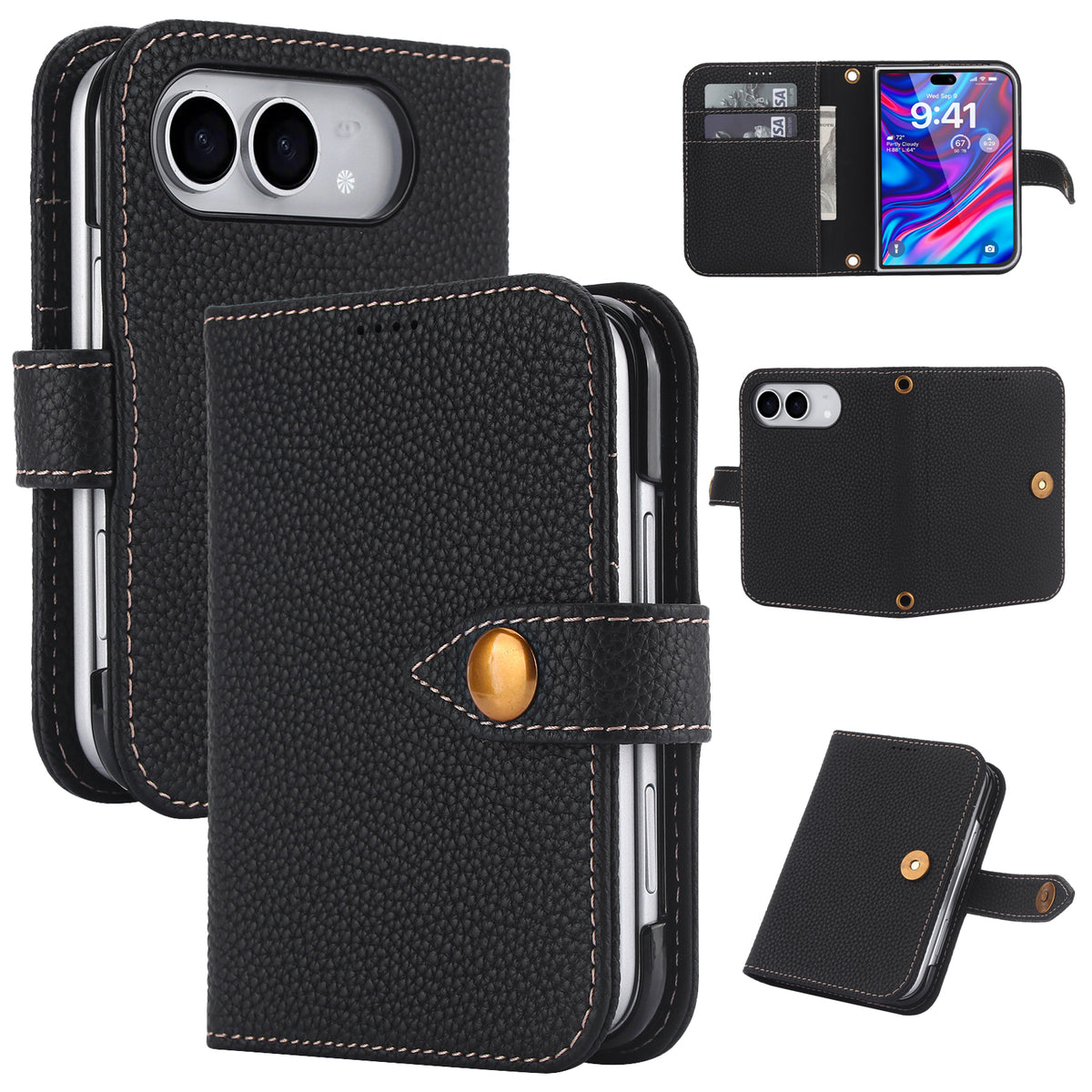 Close up view of Black leather iPhone Duo case highlighting 2 card slots, 1 cash pocket, and slim profile