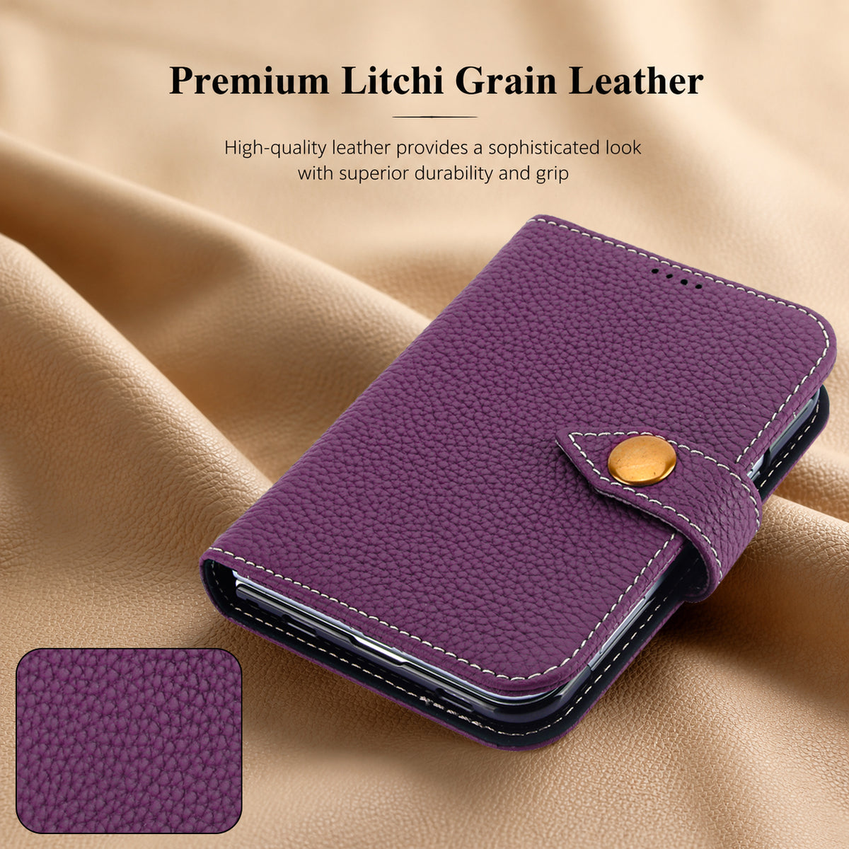 Close up view of Premium Dark Purple Litchi Grain Leather text on iPhone Duo wallet case