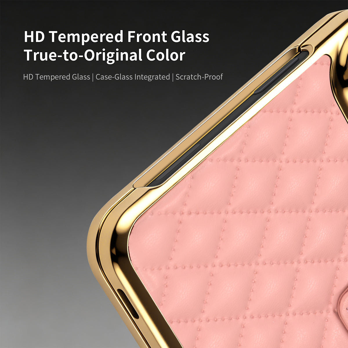 Close up view of gold electroplated rim and integrated front glass screen protector on pink iPhone DUO case