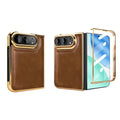 Coffee brown vintage leather phone case for iPhone DUO with gold electroplated edges and built-in glass screen guard