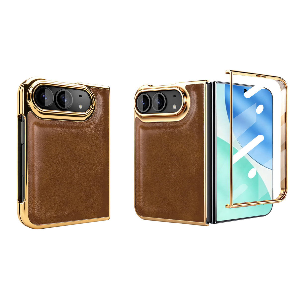 Coffee brown vintage leather phone case for iPhone DUO with gold electroplated edges and built-in glass screen guard