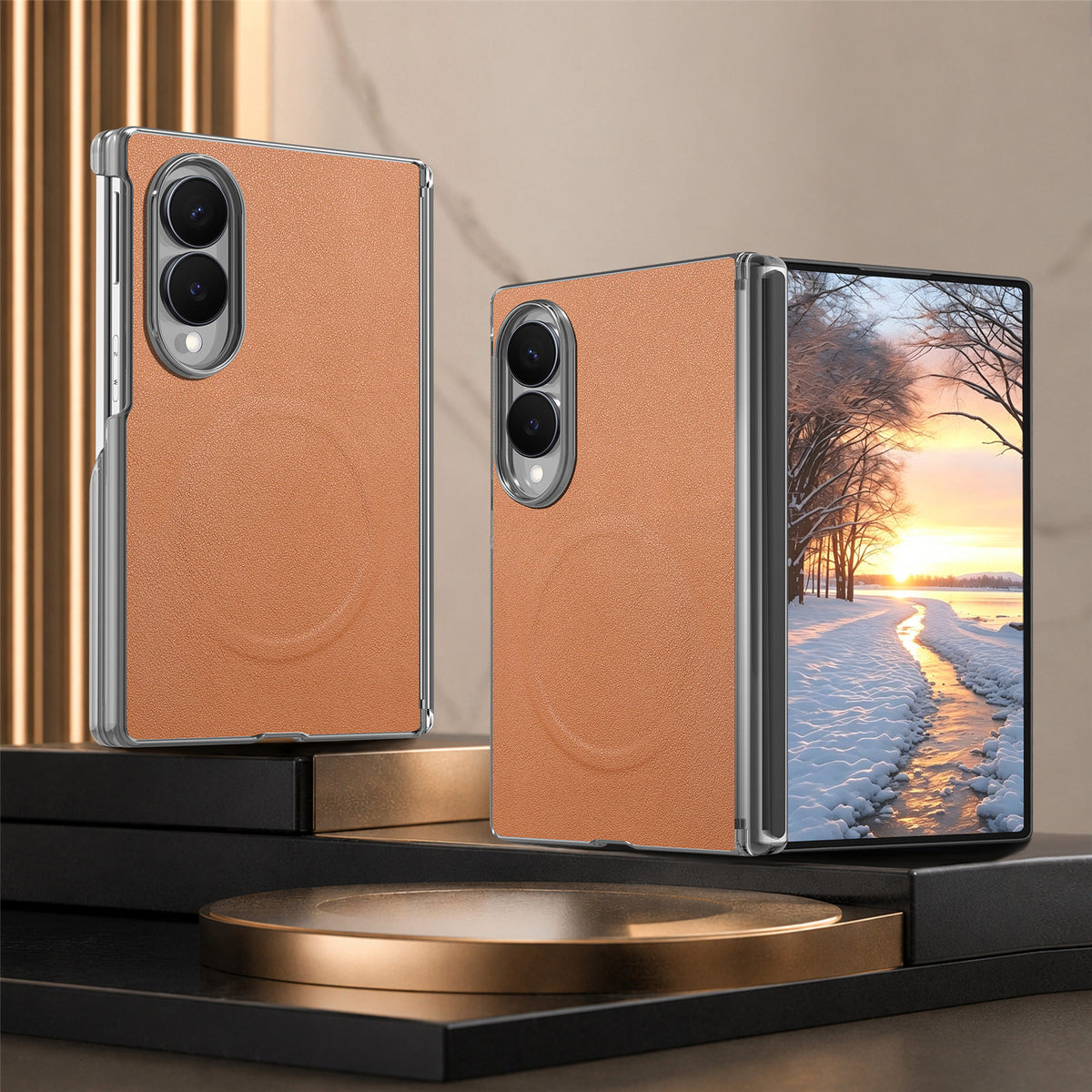 Cognac brown leather folding phone case with clear bumper frame and magnetic ring back, shown closed and open displaying winter landscape screen wallpaper.