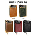 Collection of iPhone DUO luxury leather cases in Brown, Green, Coffee, Wine Red, and Black with electroplated frames