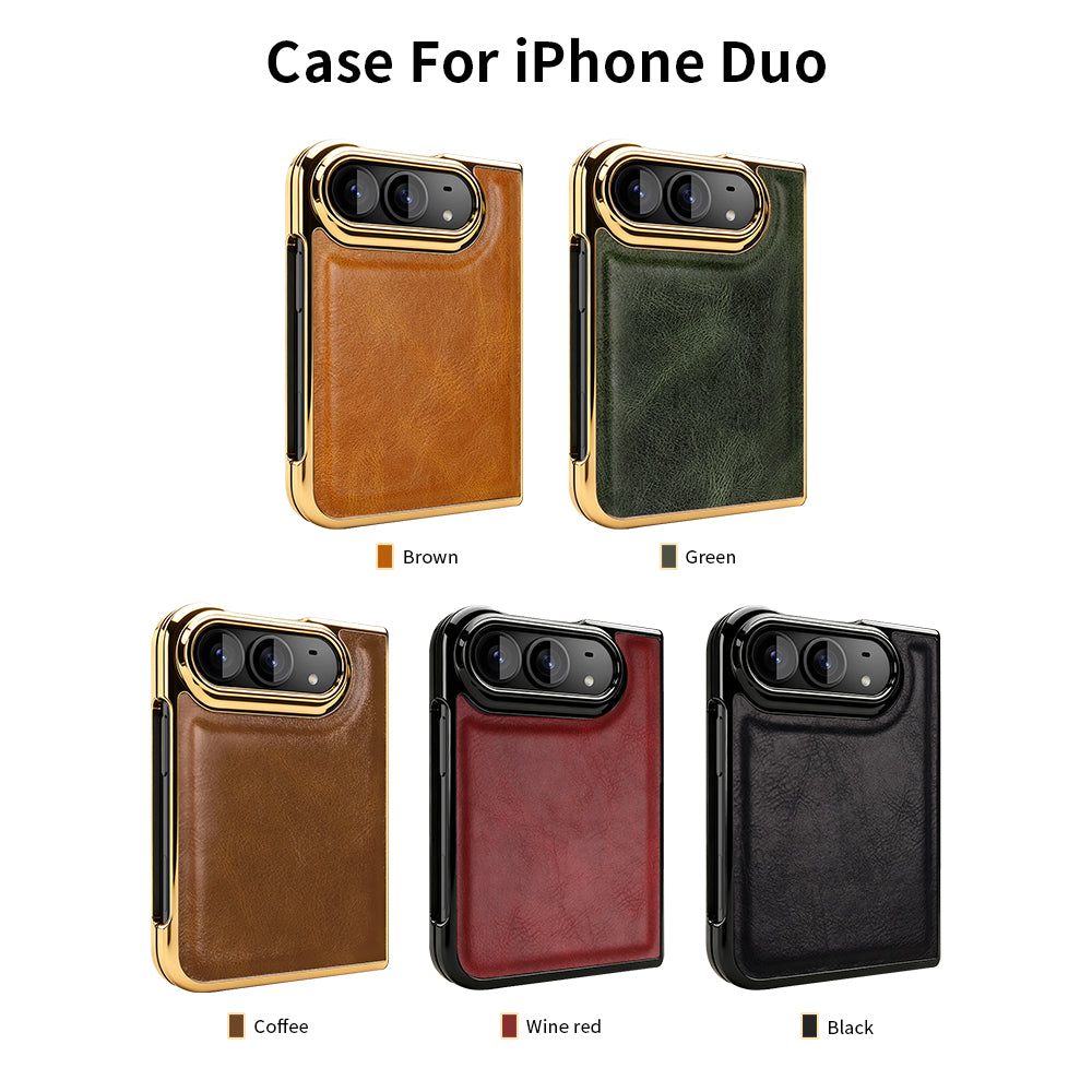 Collection of iPhone DUO luxury leather cases in Brown, Green, Coffee, Wine Red, and Black with electroplated frames