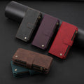 Collection of luxury leather zipper wallet cases for iPhone in Black, Purple, Red, Brown, and Teal Green