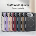 Color lineup of iPhone DUO magnetic leather cases displayed in 7 available finishes Creamy Off-White, Light Lavender, Light Rose Gold, Crimson Burgundy, Deep Navy Blue, Olive Brown, and Classic Black.